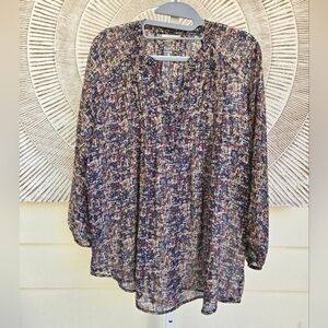 Pleione Semi-Sheer Multicolor V-Neck Blouse Top Sz XSmall